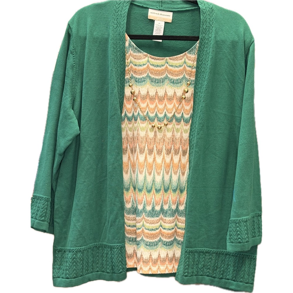 Alfred Dunner Green Cardigan Set 2 Piece Chevron Top Gold Necklace Womens 2X